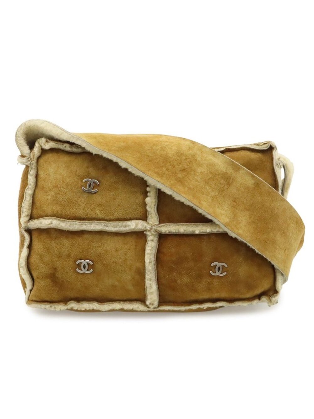 Chanel CC Logo Shoulder Bag Crossbody Shearling Brown Silver